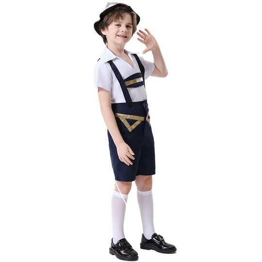 Unisex nan festliche Kinderhose mit verstellbaren Hosenträgern und Ziergürtel EB