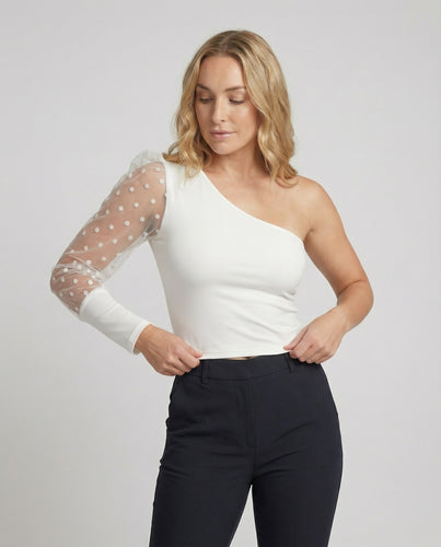 Damen Elegantes Bodysuit mit asymmetrischem Schnitt und transparentem Puffärmel EB