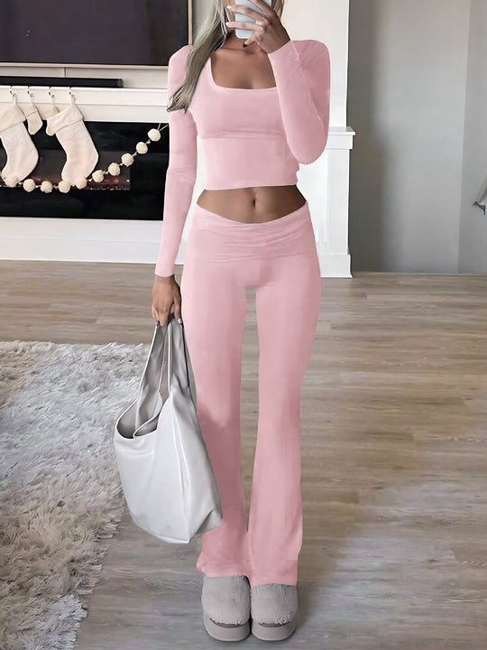 Damen Legeres Lounge-Set mit langärmligem Oberteil und flared Hose EB