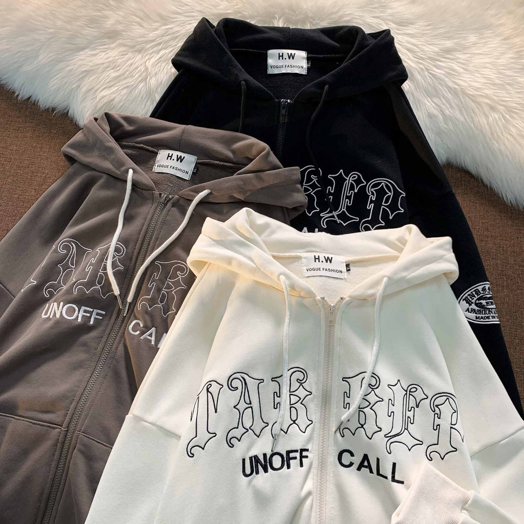 Unisex nan Reißverschluss-Hoodie mit Gothic-Schriftzug, Kapuze, Kängurutasche und Ärmelflock-Patch EB