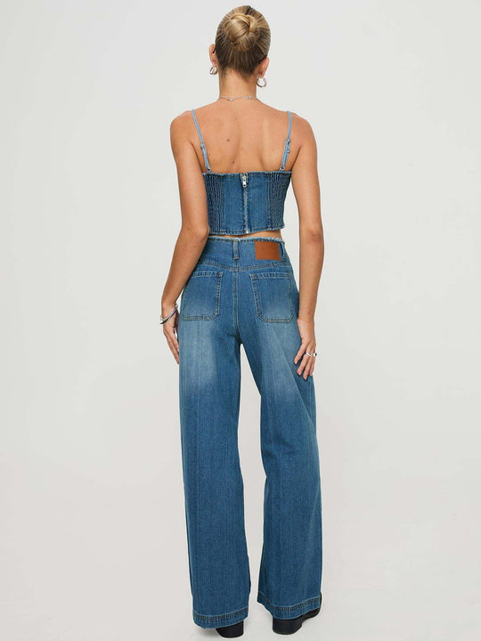 Damen Weit geschnittene Denim-Hose mit fransigem Saum und hohem Bund EB