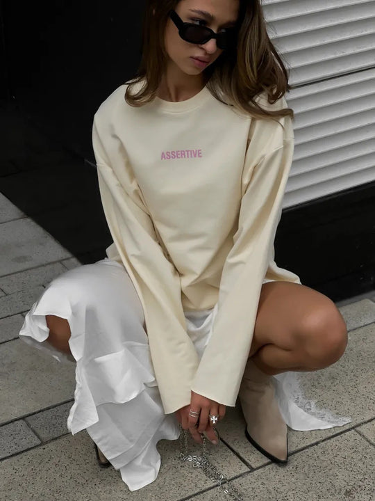 Damen Oversized Longsleeve-Sweatshirt mit Statement-Print und Rundhalsausschnitt EB