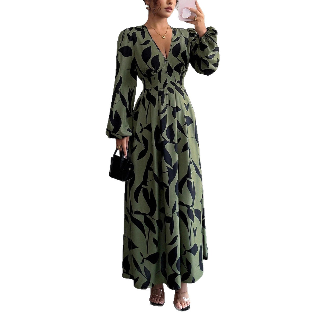 Damen Maxikleid mit taillierter Knopfleiste, V‑Ausschnitt und Ballonärmeln EB