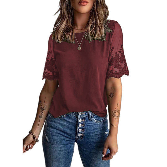 Damen Elegantes T-Shirt mit Spitze an den Ärmeln EB