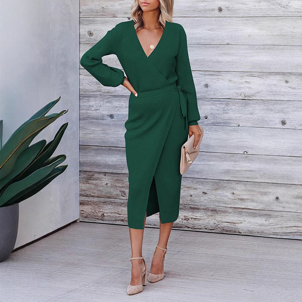 Damen elegantes Wickelkleid mit langem Arm und schickem V-Ausschnitt EB