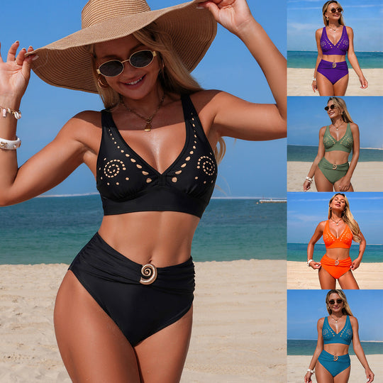 Damen Hoch geschnittenes Bikini-Set mit Wickelbund und Cut-Out-Details EB