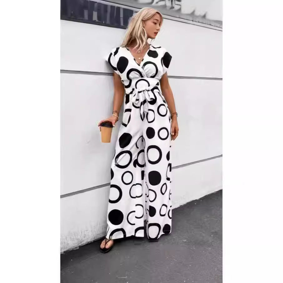 Damen modischer Jumpsuit mit elegantem V-Ausschnitt und weitem Bein EB