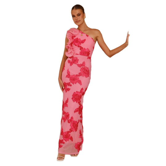 Damen Elegantes und figurbetontes Maxikleid mit asymmetrischem Träger und floralen Applikationen EB