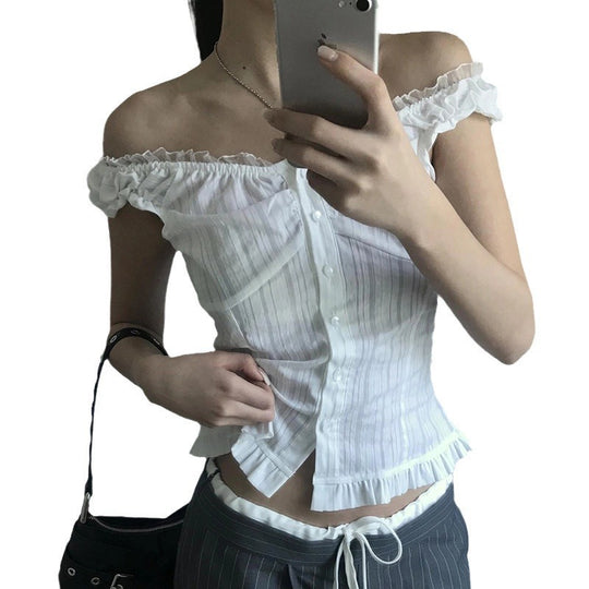 Damen Off-Shoulder Bluse mit Rüschensaum EB