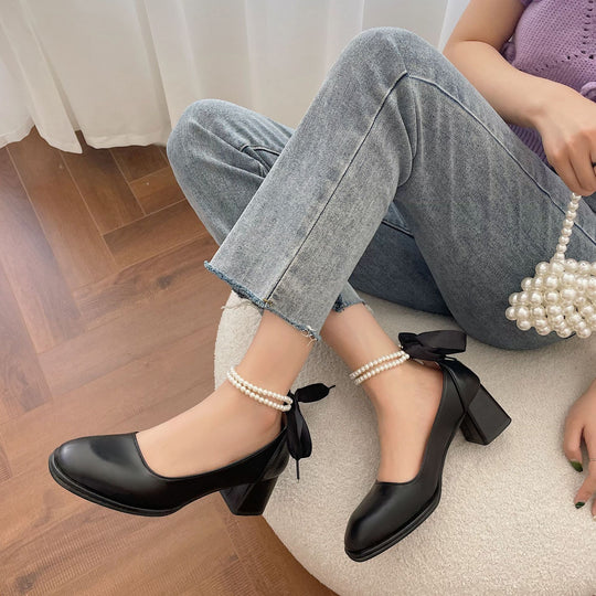 Damen elegante Absatzschuhe mit Perlenschmuck und Schleifen EB