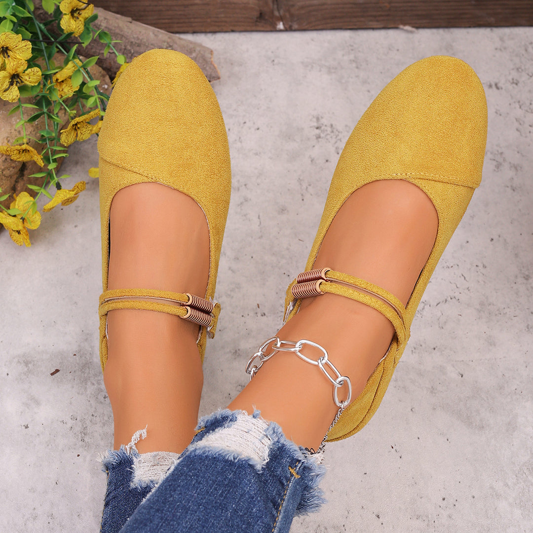 Damen  flache Mary-Jane Ballerinas aus Veloursimitat mit elastischem Zierband und gepolsterter Komfortinnensohle EB