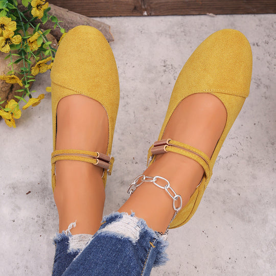 Damen  flache Mary-Jane Ballerinas aus Veloursimitat mit elastischem Zierband und gepolsterter Komfortinnensohle EB