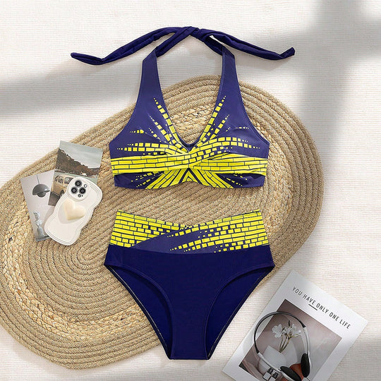 Damen Triangel-Bikini mit modischem Schnitt und graphischem Design EB