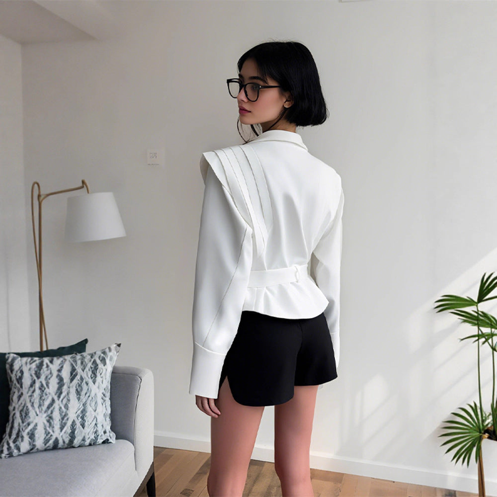 Damen Couture Blazer mit elegantem Kragen und Taillengürtel EB