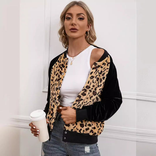 Damen elegante Bomberjacke mit Leopardenmuster und Veloursbesatz EB