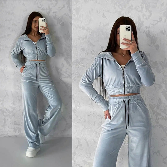 Damen Samt-Loungewear-Set mit Cropped Zip-Kapuzenjacke und weiter Palazzohose EB