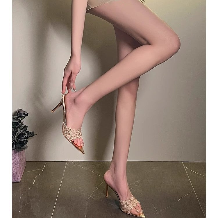 Damen elegante High Heel Mules mit Spitze und Spitzenverzierung EB