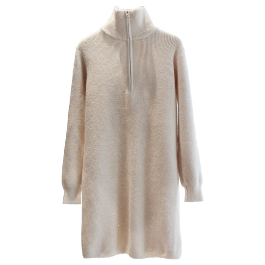 Damen Kurzes Strickkleid mit halbzipper und Kragen EB