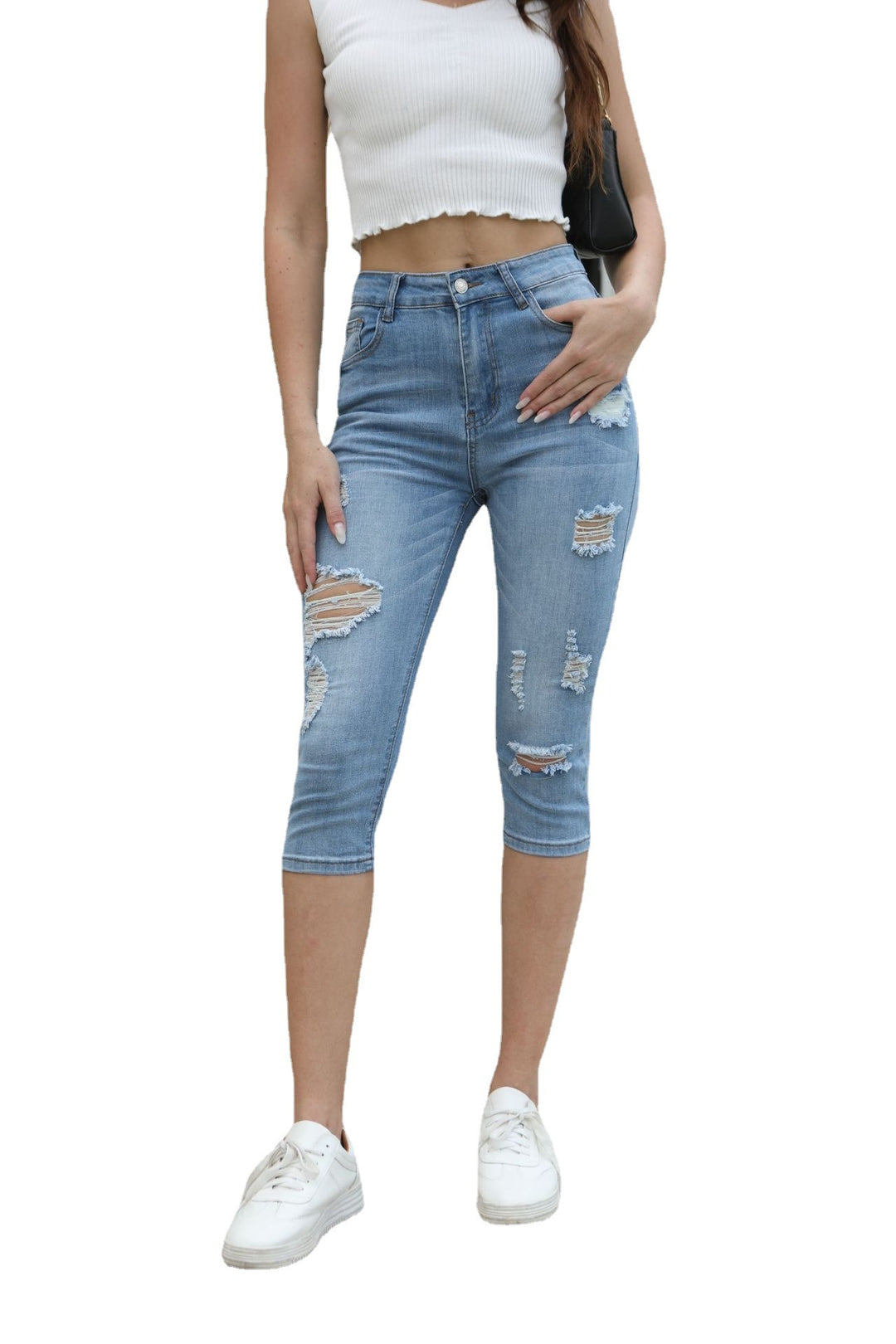 Damen Denim Caprihose mit distressed Details und hohem Bund EB