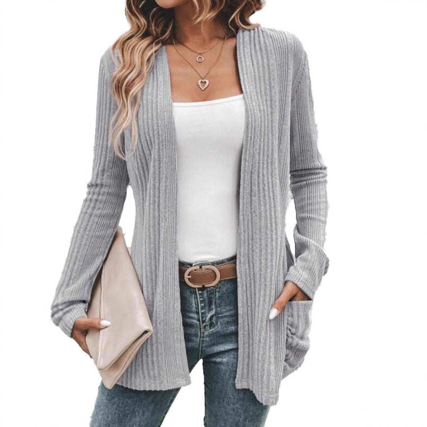 Damen modische Strickjacke mit offenen Front und praktischen Taschen EB