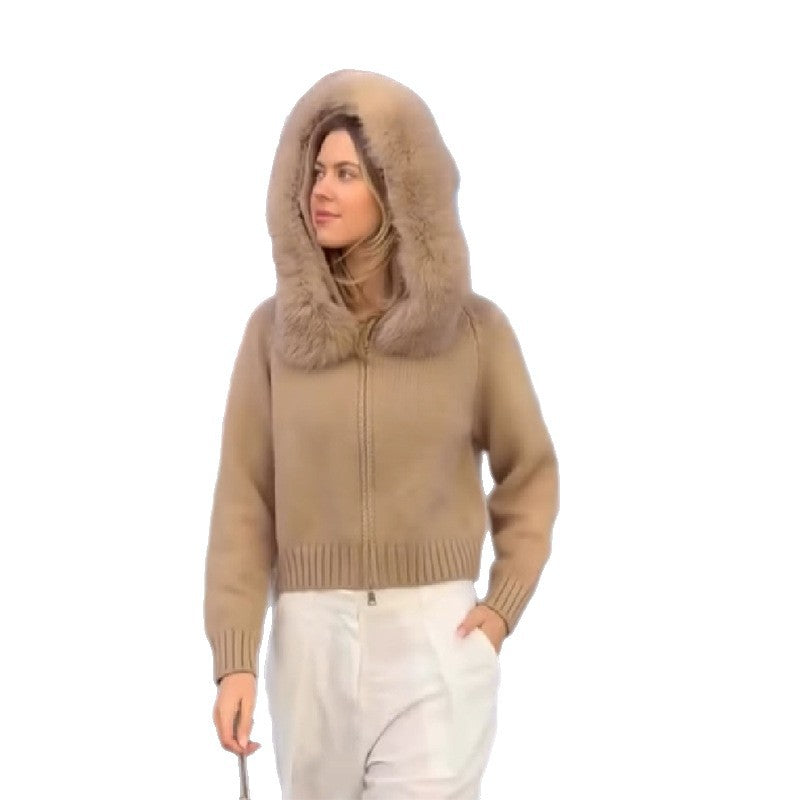 Damen Kuschelige Strickjacke mit Fellkragen EB