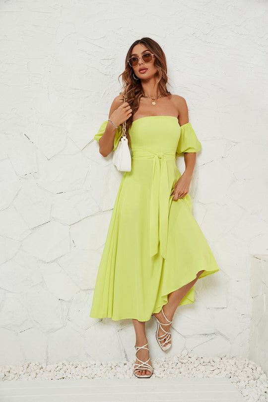 Damen Off-Shoulder Maxikleid mit geknotetem Taillengürtel EB