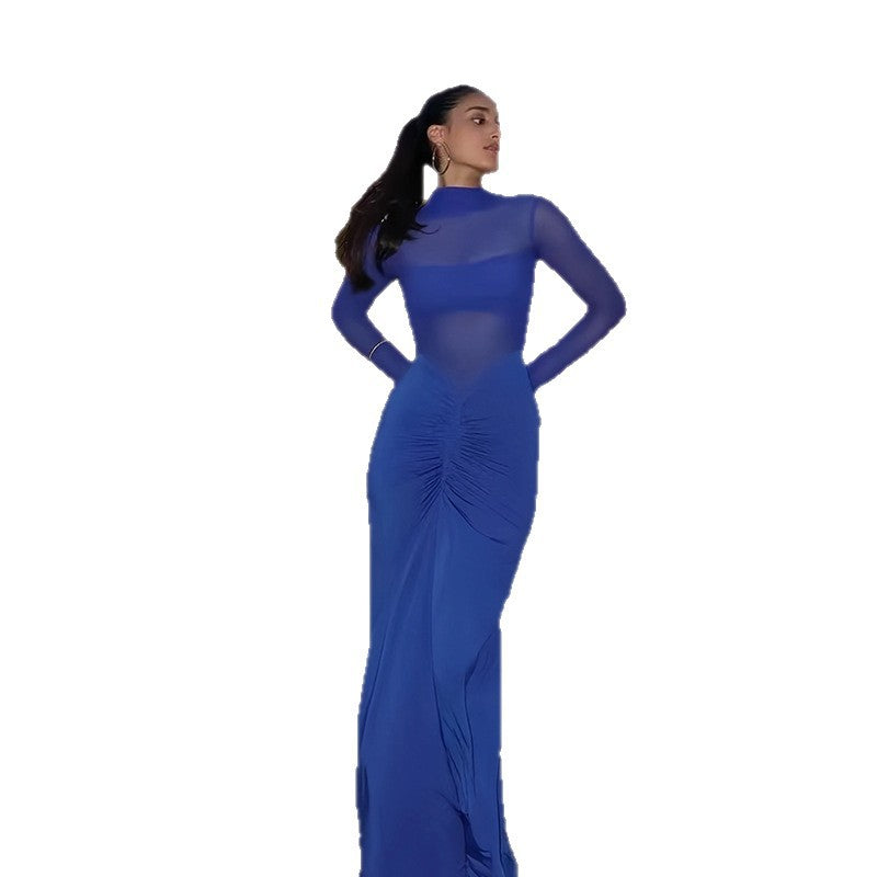 Damen Elegantes Maxikleid mit transparenten Ärmeln und raffinierter Drapierung EB