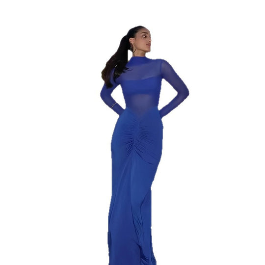 Damen Elegantes Maxikleid mit transparenten Ärmeln und raffinierter Drapierung EB