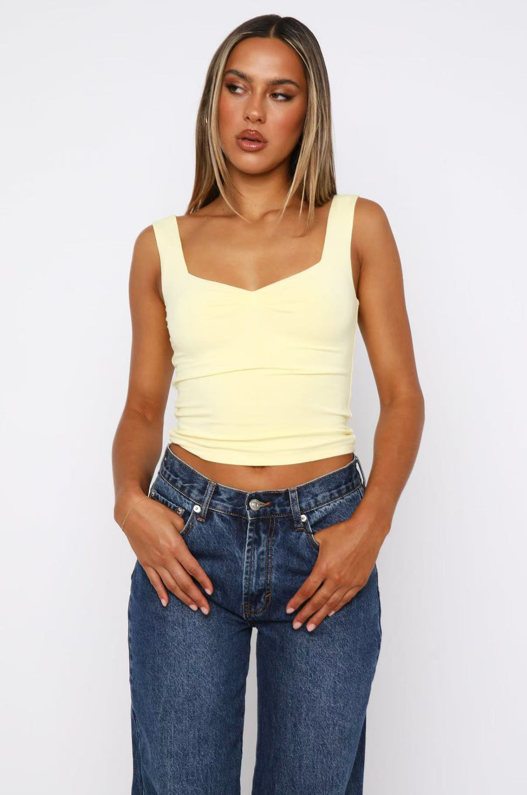 Damen figurbetontes Crop-Top mit breiten Trägern und V-Ausschnitt EB
