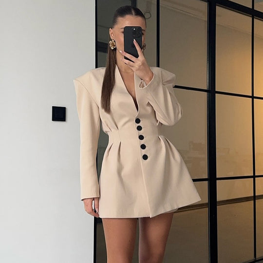 Damen trendiges Blazer-Kleid mit strukturierten Schultern und tiefem V-Ausschnitt EB