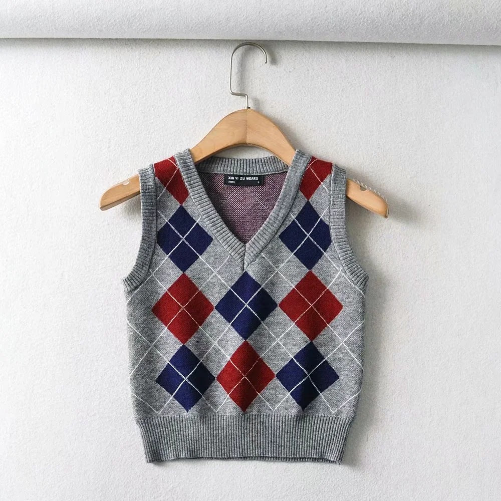 Damen Schickes Strickoberteil mit V-Ausschnitt und Karomuster EB