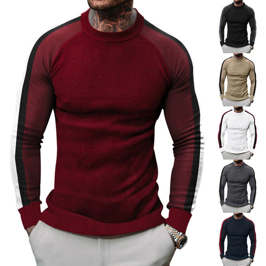 Herren sportlicher Strickpullover mit kontrastierenden Ärmeln und hohem Kragen EB