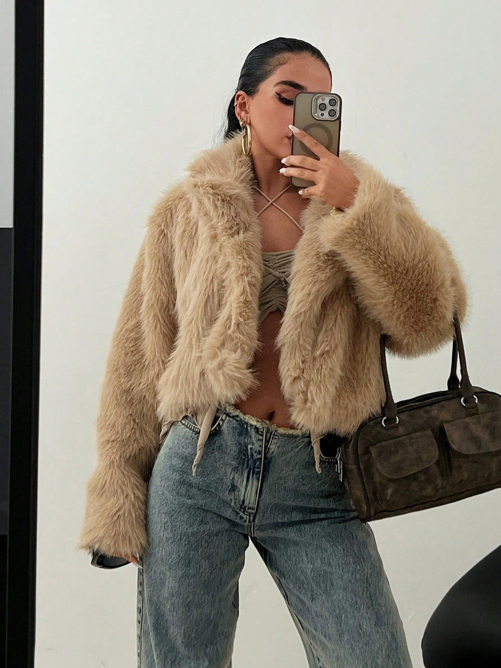 Damen Modische Kurzjacke mit glamourösem Kunstfell EB