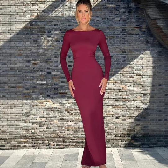 Damen Figurumspielendes Maxikleid mit langem Arm und elegantem Schnitt EB