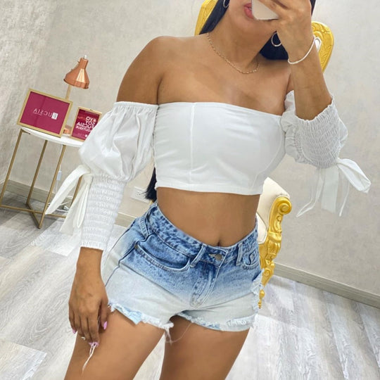 Damen Crop Top mit Puffärmeln und elastischen Bündchen EB