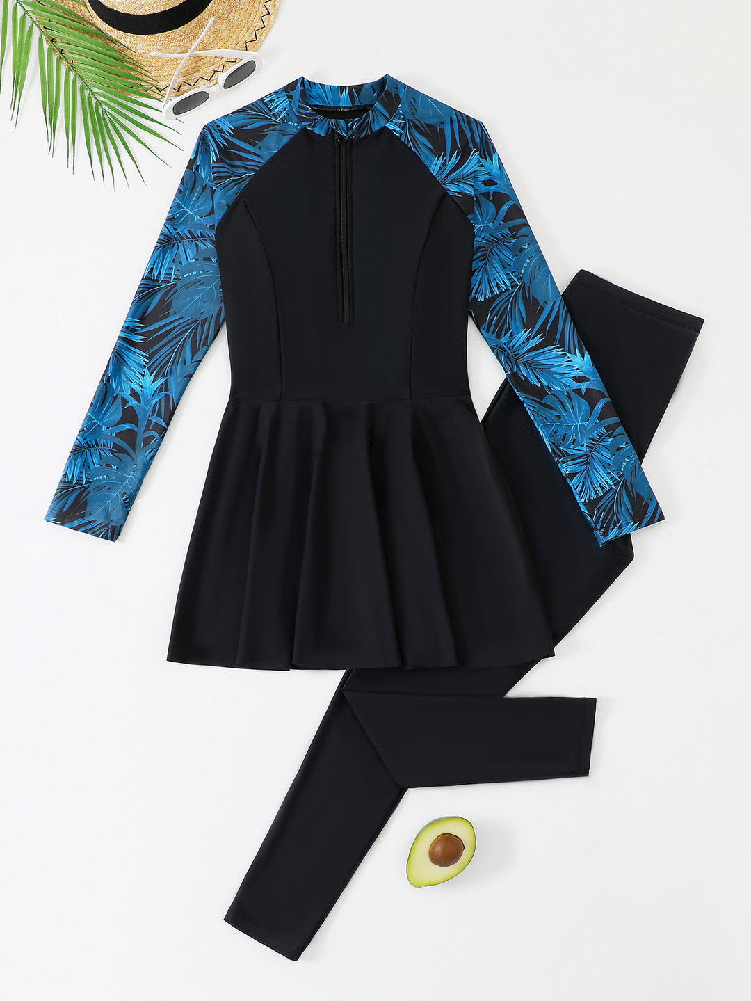 Damen Sportlicher Langarm-Badeanzug mit Rock EB