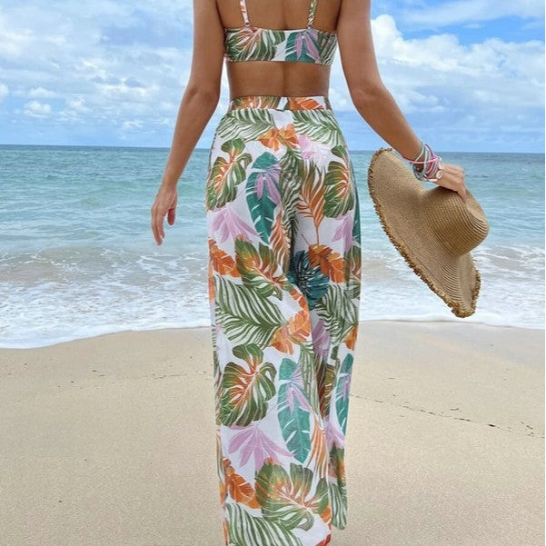 Damen Badeoutfit mit floralem Oberteil und transparenten Palazzohosen EB