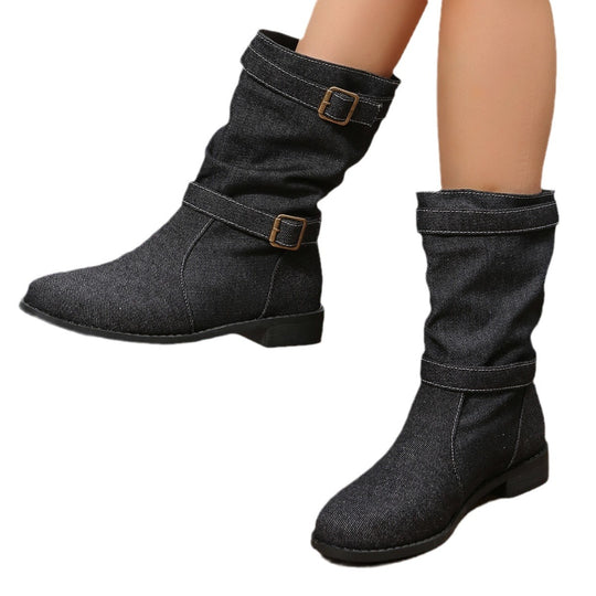 Damen Stiefeletten mit modischem Falten-Design und verstellbarem Riemen EB