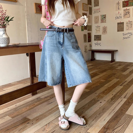 Damen weite Denim-Shorts im modernen Design mit praktischen Taschen EB