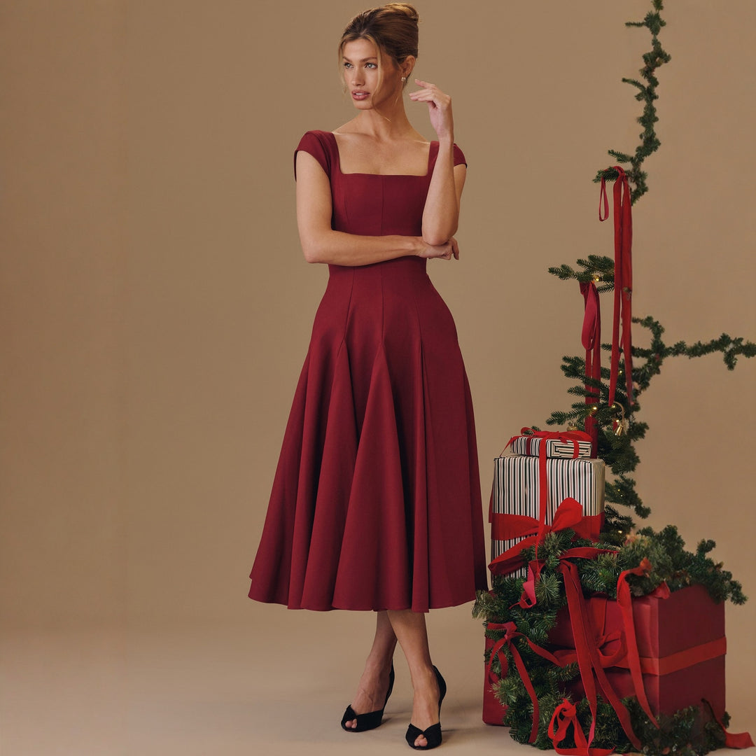 Damen Midi-Kleid mit quadratischem Ausschnitt und weit schwingendem Rock EB