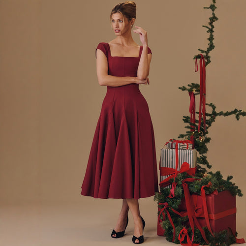 Damen Midi-Kleid mit quadratischem Ausschnitt und weit schwingendem Rock EB