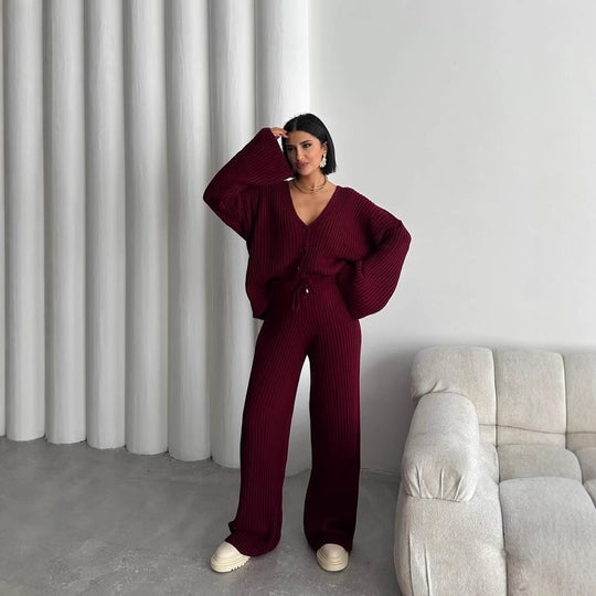 Damen Rippstrick-Cardigan mit überlangen Ärmeln und passender High-Waist-Loungehose EB