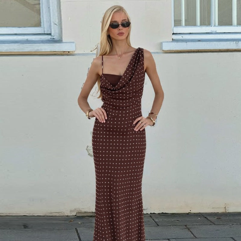 Damen Maxikleid mit asymmetrischem Ausschnitt und eingewebtem Punktedesign EB
