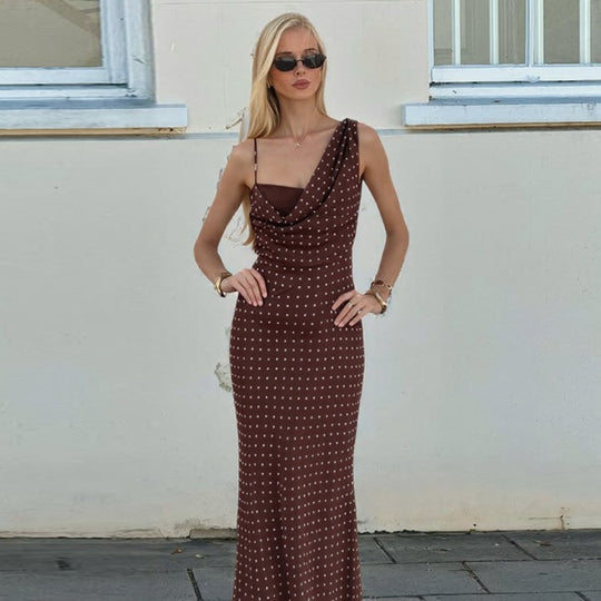 Damen Maxikleid mit asymmetrischem Ausschnitt und eingewebtem Punktedesign EB