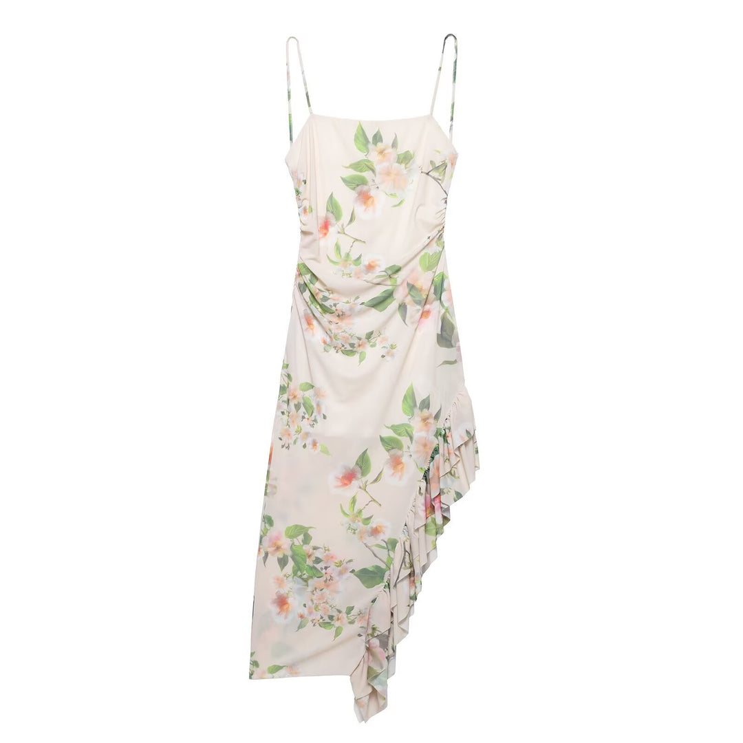 Damen Maxikleid mit floralem Rüschendetail und asymmetrischem Saum EB