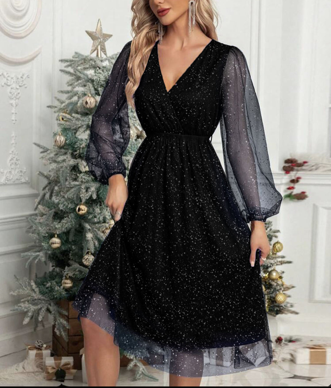 Damen Glamouröses Midikleid mit transparenten Puffärmeln und schimmerndem Paillettenmuster EB