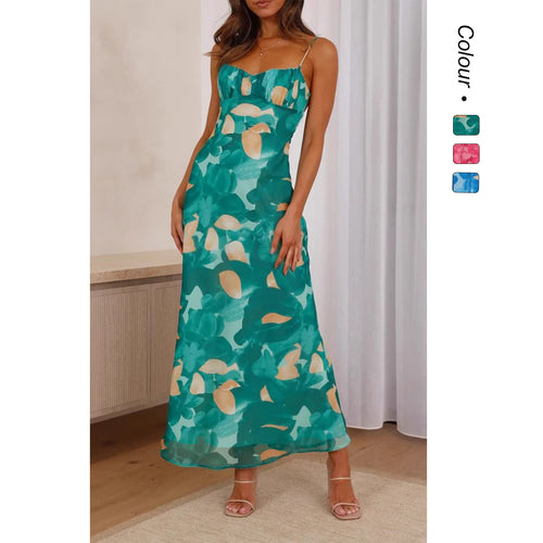 Damen Maxikleid mit floralem Wasserfarben-Design und verstellbaren Trägern EB