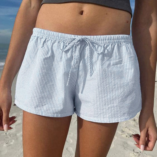 Damen Kurzschlafhose mit elastischem Bund und modischem Bindegürtel EB