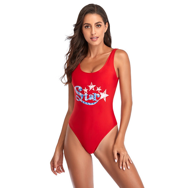 Damen Einteiler Badeanzug mit modischem Print und tiefem Ausschnitt EB