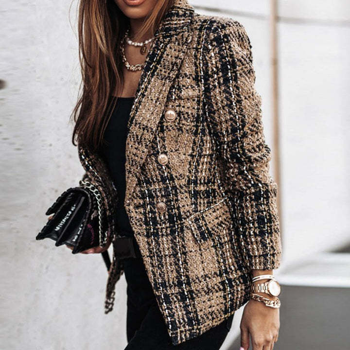Damen Bouclé-Tweed-Blazer mit Karomuster und doppelreihiger Knopfleiste EB